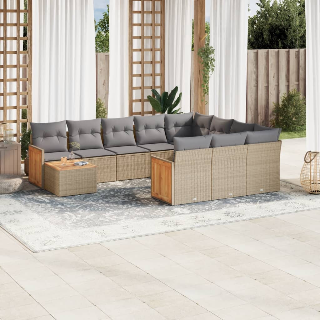 11 Pcs conjunto sofás de jardim c/ almofadões vime PE bege
