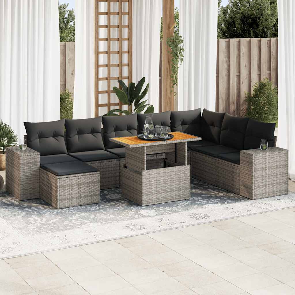 9 Pcs conjunto sofás jardim almofadões vime PE/acácia cinzento