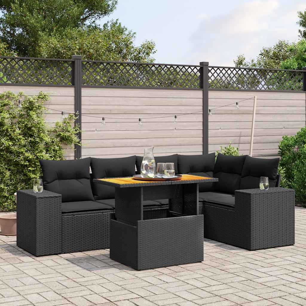 6 Pcs conjunto sofás de jardim c/ almofadões vime PE preto