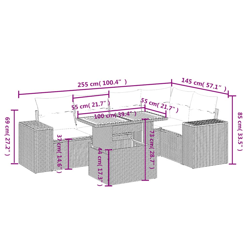 6 Pcs conjunto sofás de jardim c/ almofadões vime PE preto
