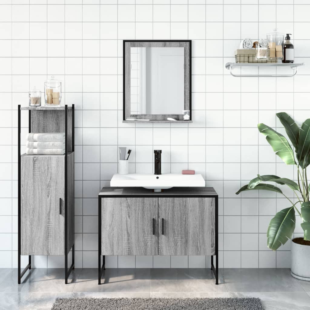 3 Pcs conjunto móveis wc derivados de madeira cinzento sonoma