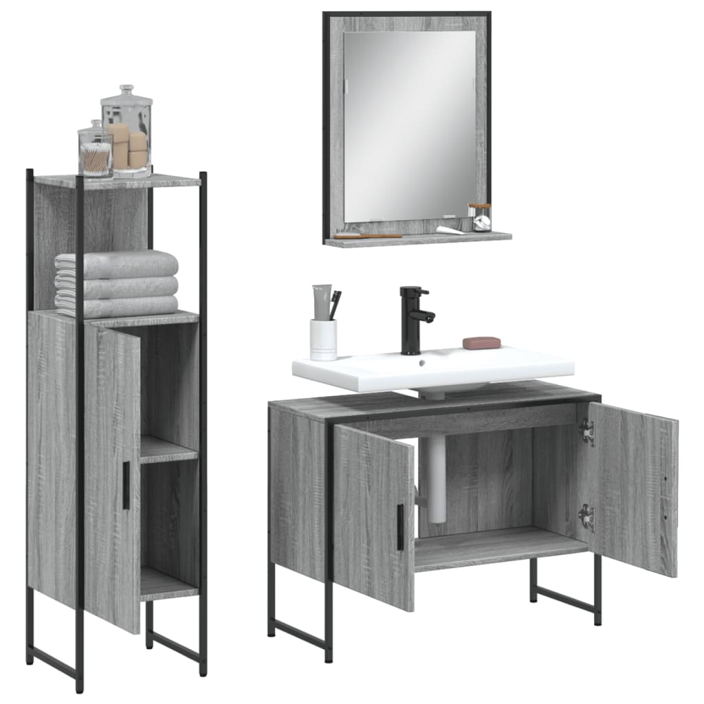 3 Pcs conjunto móveis wc derivados de madeira cinzento sonoma
