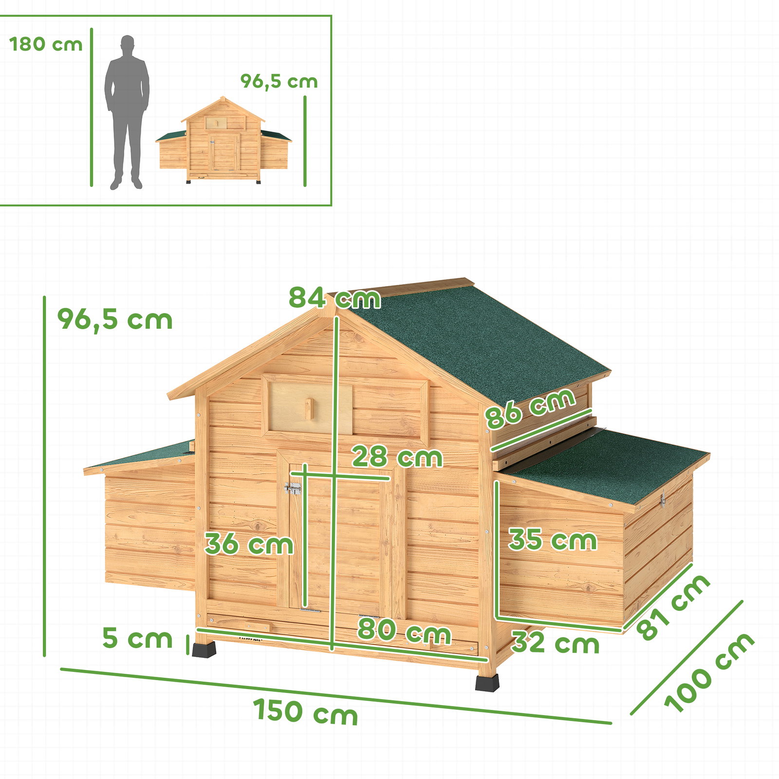 Galinheiro de madeira para exterior com 2 ninhos bandeja removível poleiros telhado impermeável 150x100x96,5 cm madeira