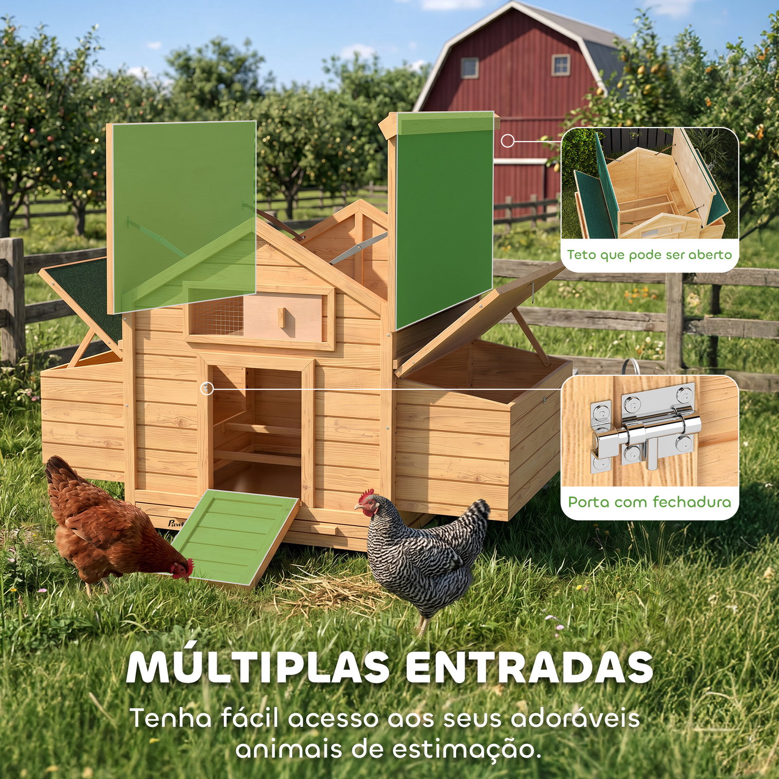 Galinheiro de madeira para exterior com 2 ninhos bandeja removível poleiros telhado impermeável 150x100x96,5 cm madeira
