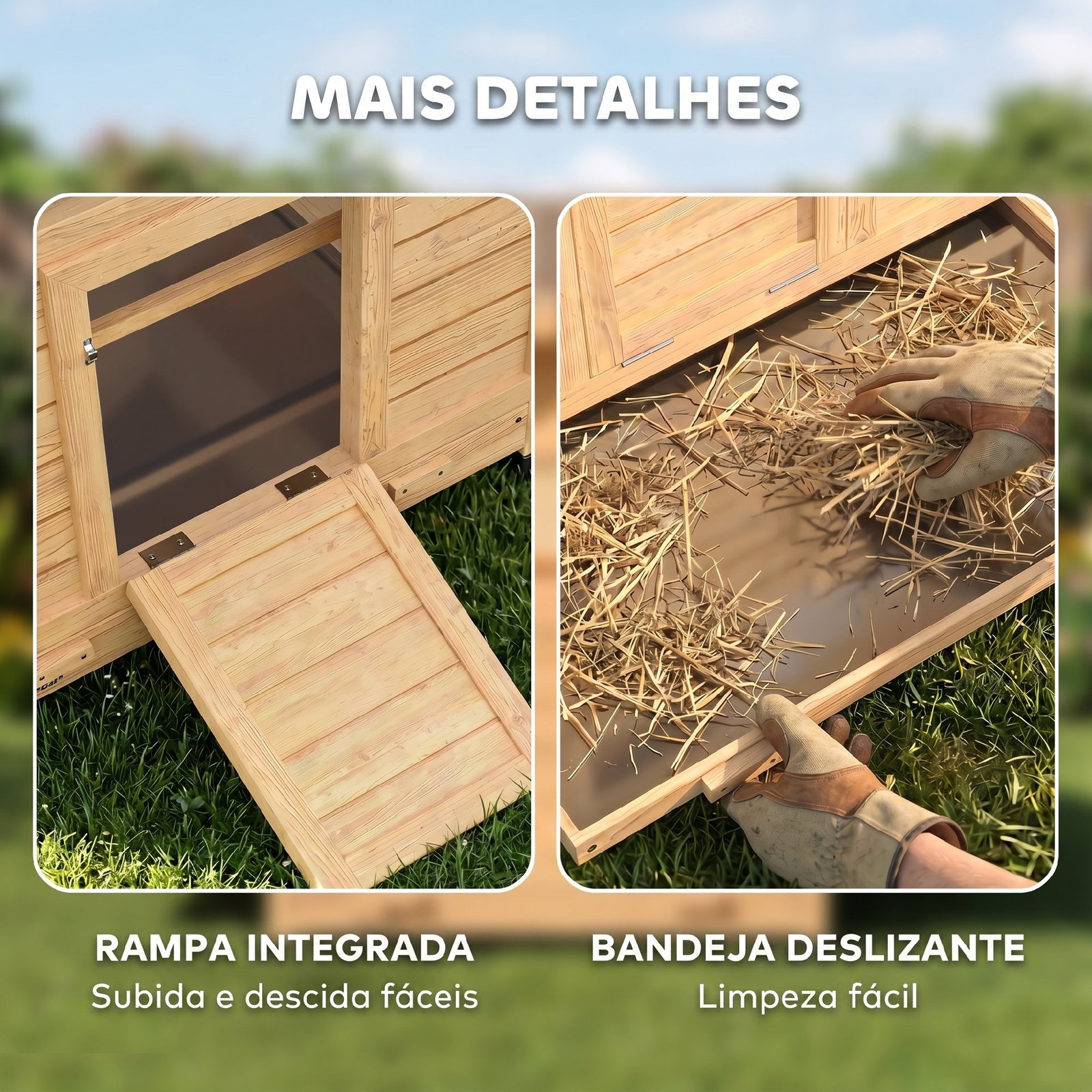 Galinheiro de madeira para exterior com 2 ninhos bandeja removível poleiros telhado impermeável 150x100x96,5 cm madeira