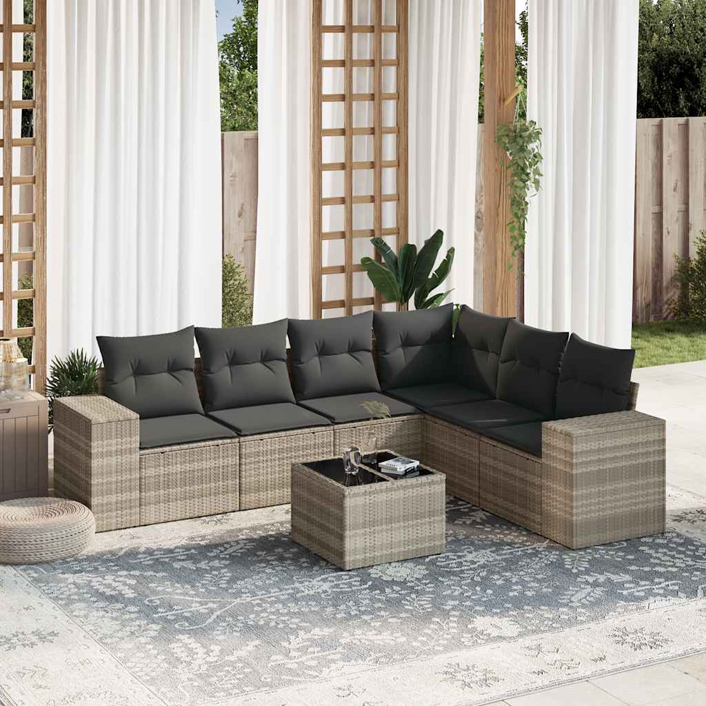 7 Pcs conj. sofás jardim com almofadões vime PE cinzento-claro