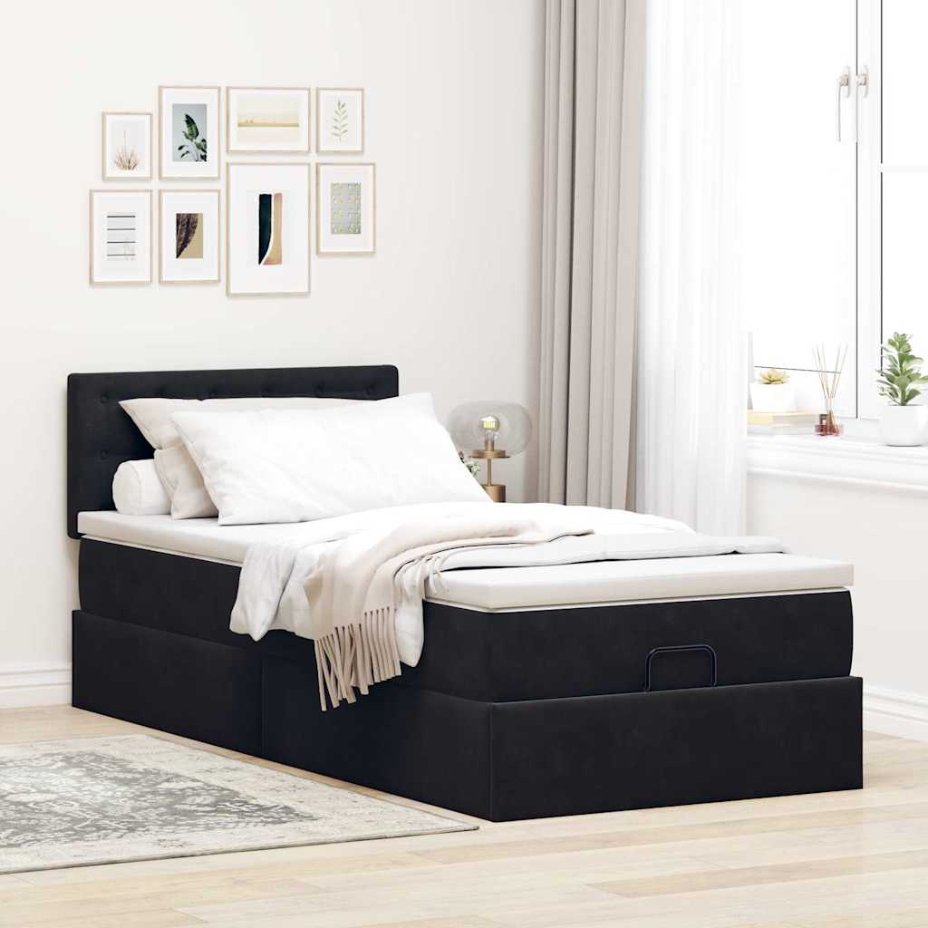Estrutura de cama otomana com colchão preto 100x200cm veludo