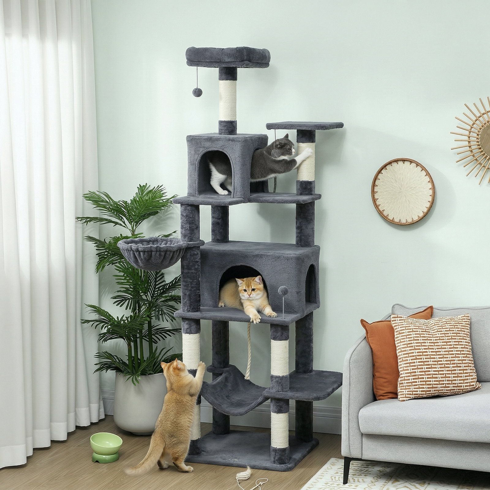 Arranhador para gatos com plataformas plataformas caverna postes de sisal bolas e corda para brincar 60x48x202 cm cinza