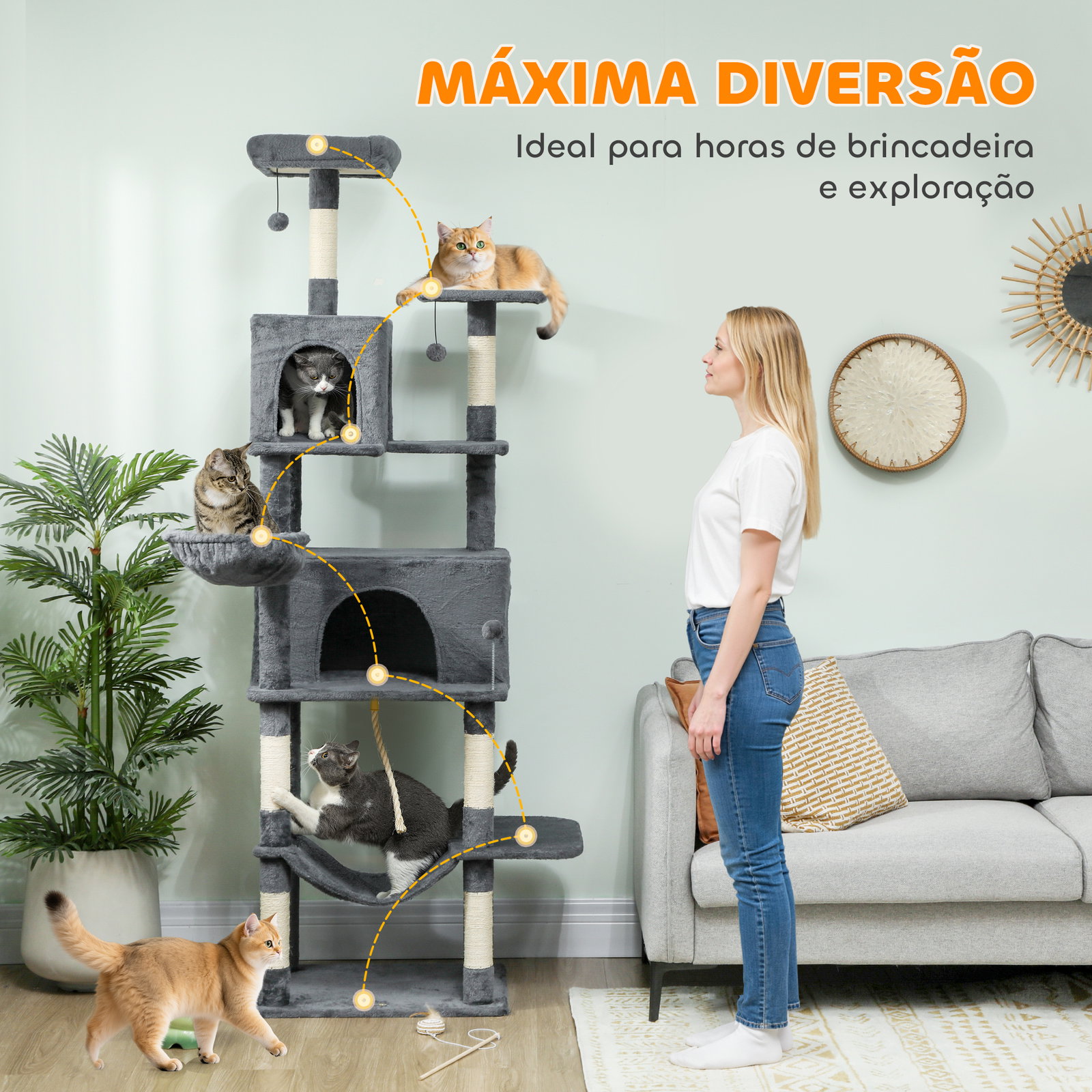 Arranhador para gatos com plataformas plataformas caverna postes de sisal bolas e corda para brincar 60x48x202 cm cinza
