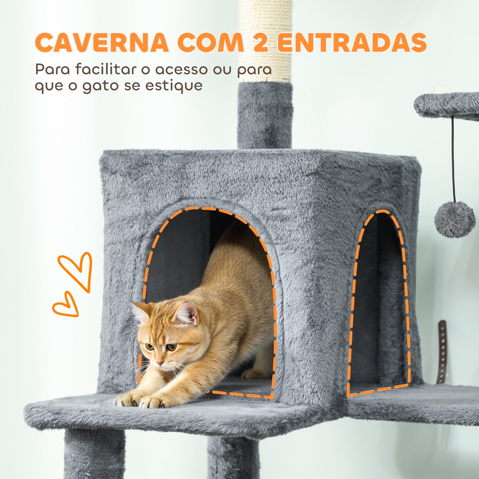 Arranhador para gatos com plataformas plataformas caverna postes de sisal bolas e corda para brincar 60x48x202 cm cinza