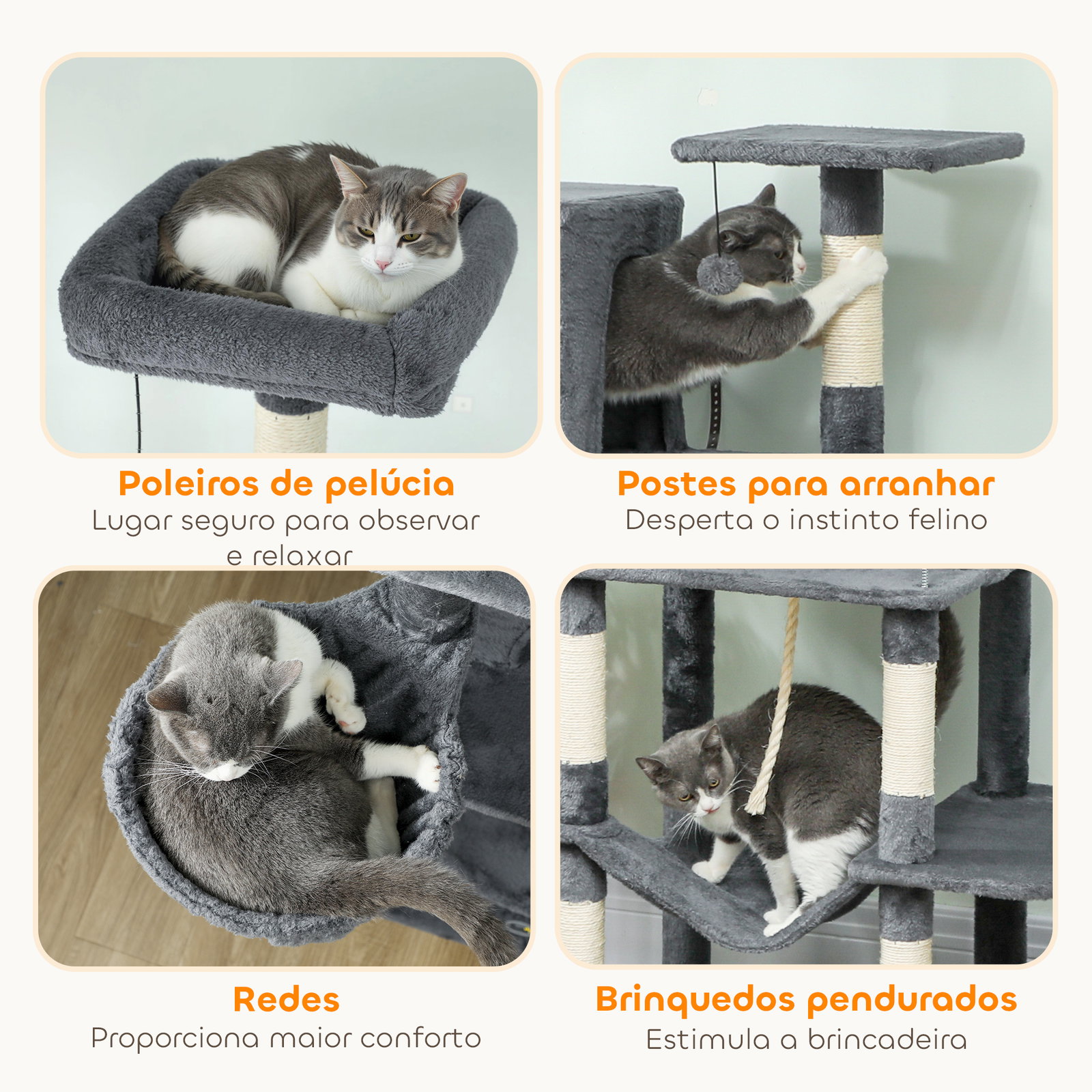 Arranhador para gatos com plataformas plataformas caverna postes de sisal bolas e corda para brincar 60x48x202 cm cinza