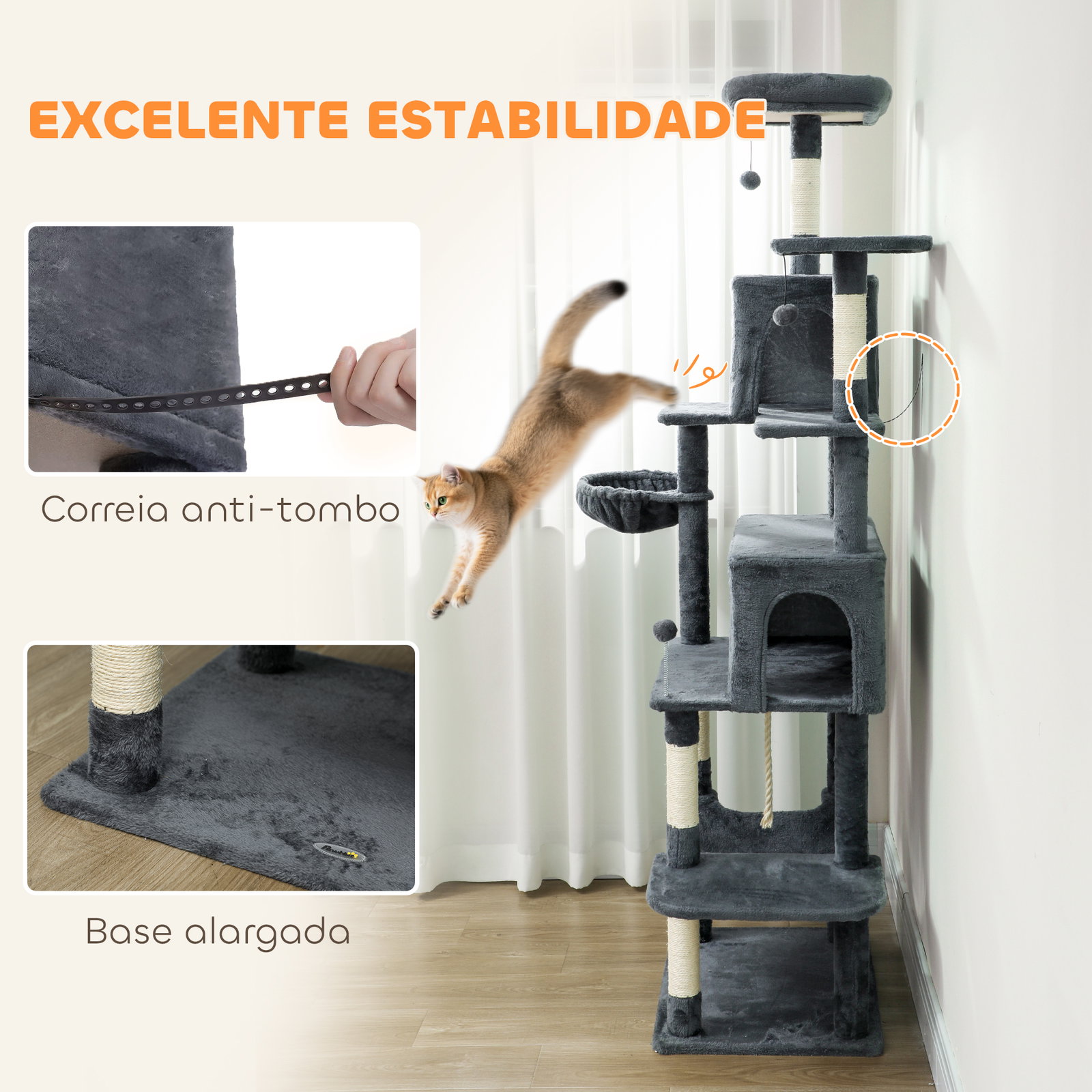Arranhador para gatos com plataformas plataformas caverna postes de sisal bolas e corda para brincar 60x48x202 cm cinza