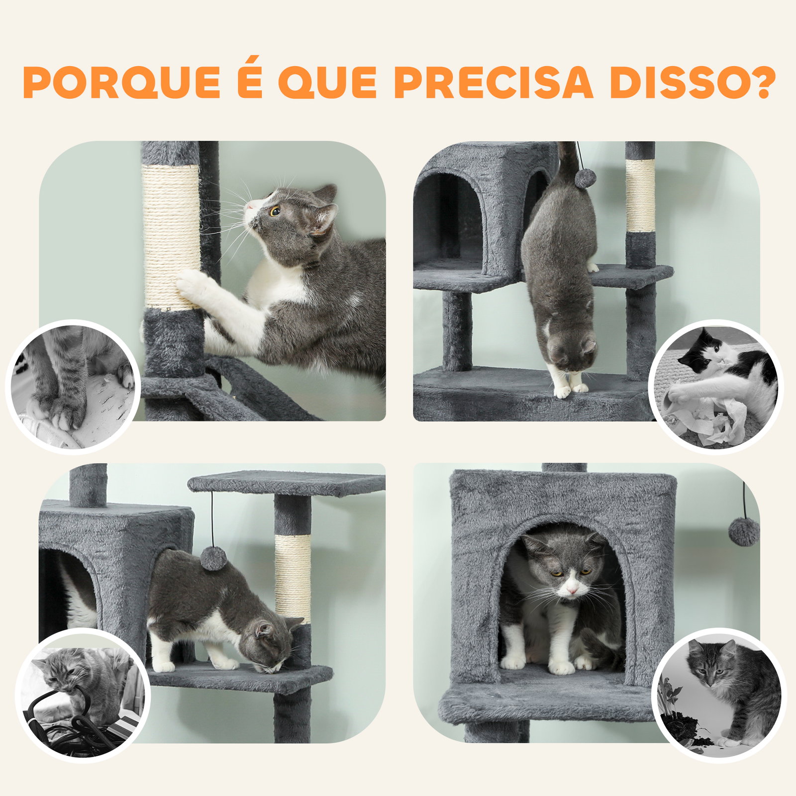 Arranhador para gatos com plataformas plataformas caverna postes de sisal bolas e corda para brincar 60x48x202 cm cinza