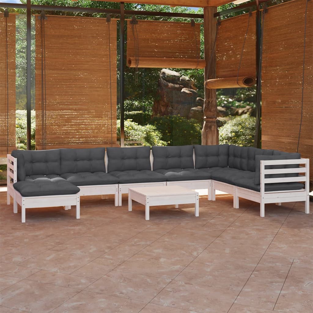 9 Pcs conj. lounge de jardim c/ almofadões pinho maciço branco