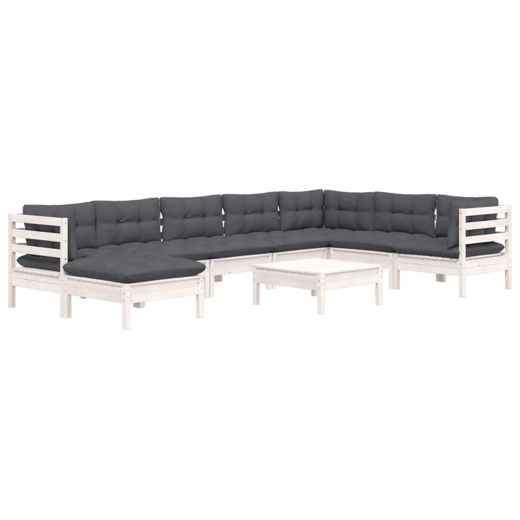 9 Pcs conj. lounge de jardim c/ almofadões pinho maciço branco