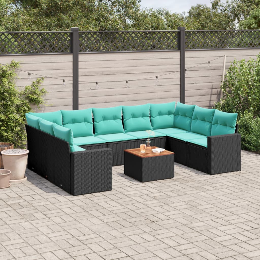 10 Pcs conjunto de sofás p/ jardim c/ almofadões vime PE preto