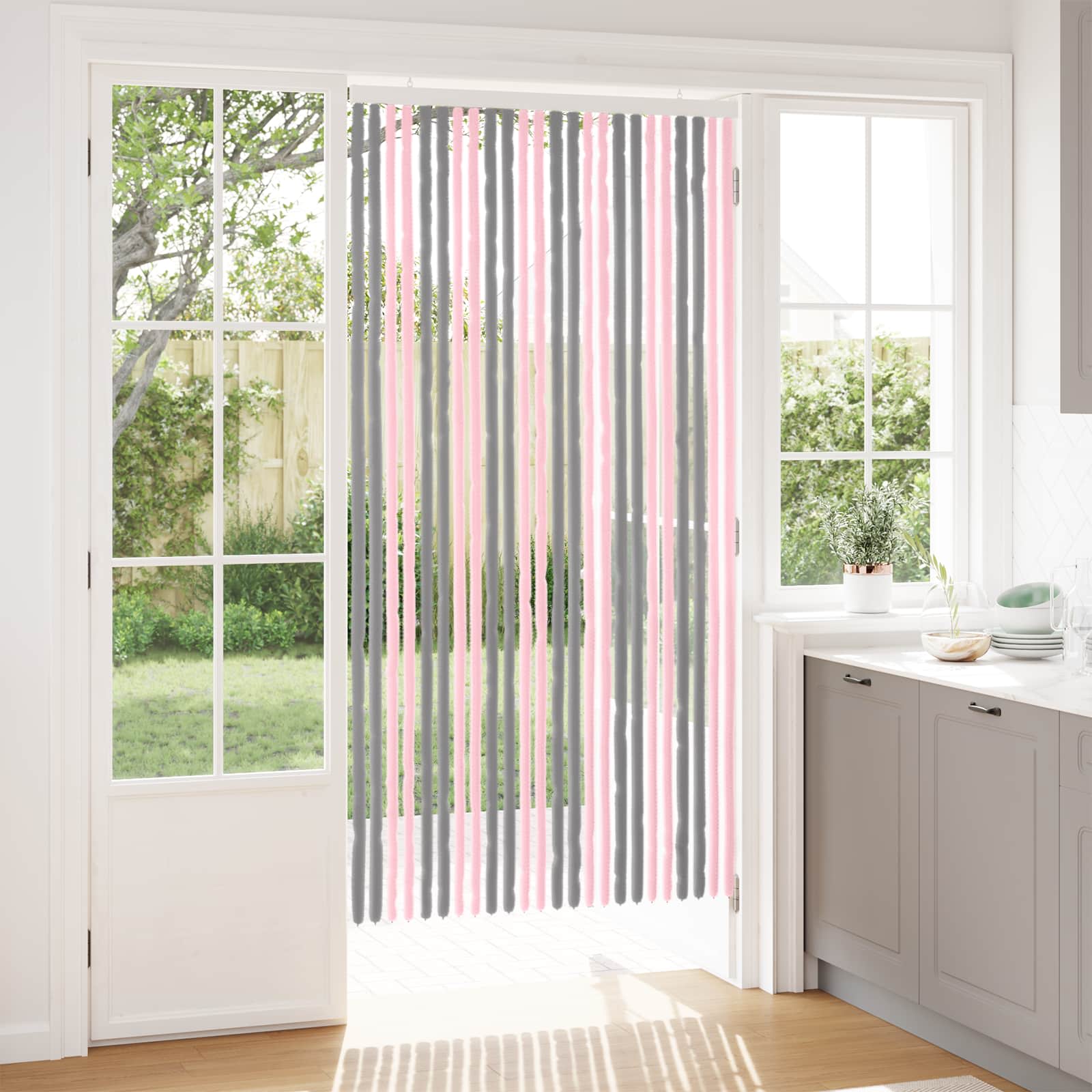 Cortina de insetos chenille cinza prata e rosa 100 x 200 cm