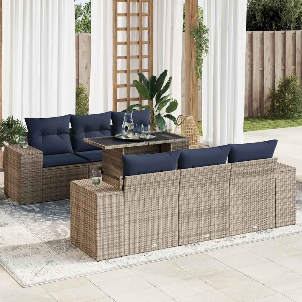7 Pcs conjunto sofás jardim almofadões vime PE/acácia cinzento