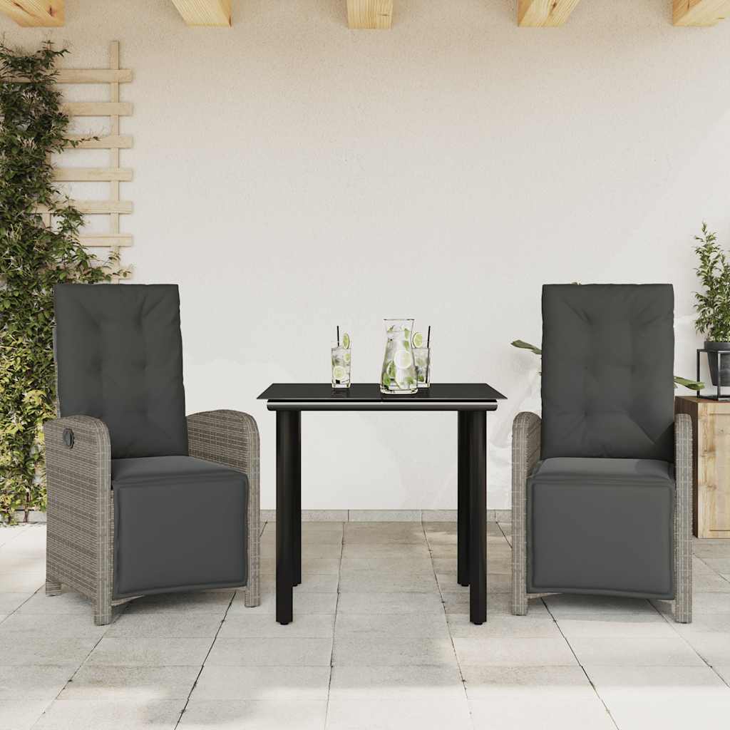 3 Pcs conjunto bistrô com almofadões vime PE cinza