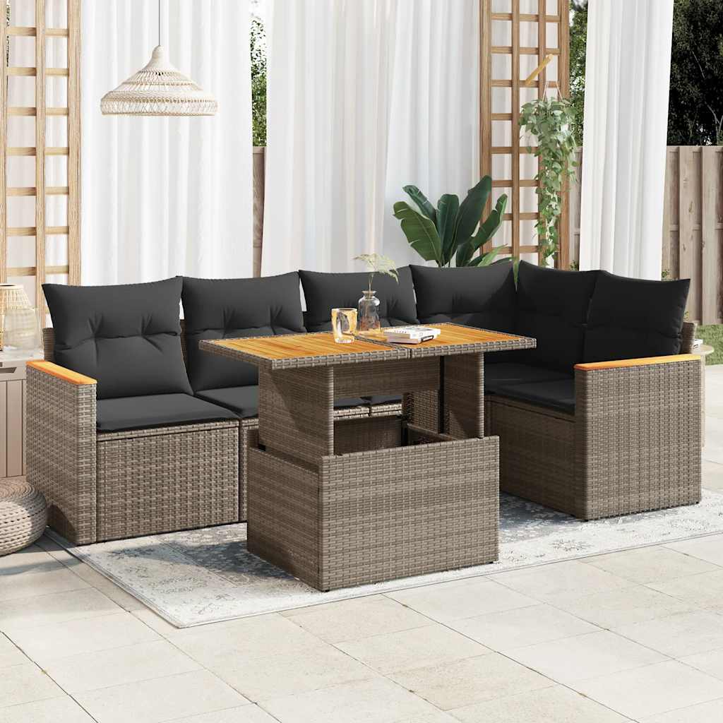 6 Pcs conjunto sofás jardim com almofadões PE/acácia cinzento