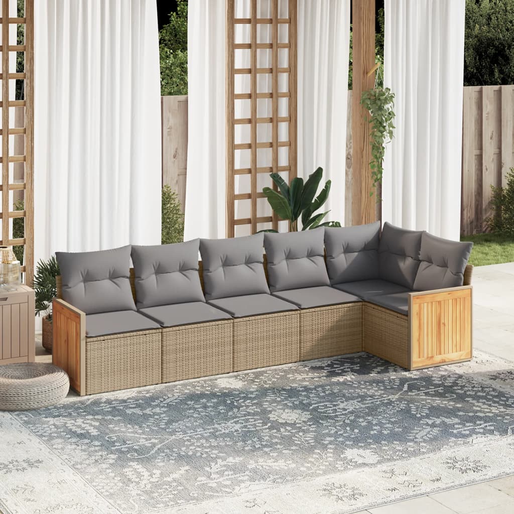 6 Pcs conjunto de sofás p/ jardim com almofadões vime PE bege