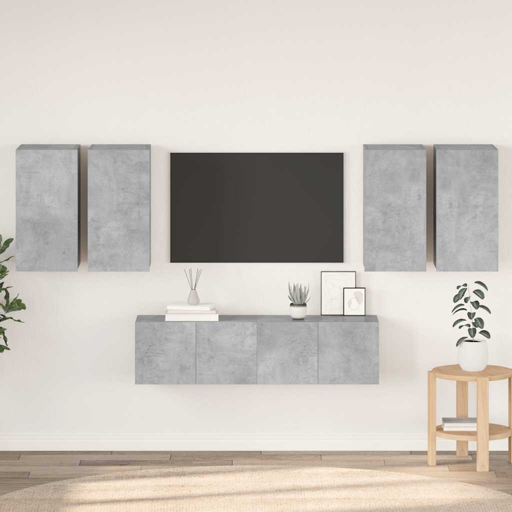 6 Pcs conjunto de móveis de TV contraplacado cinzento cimento