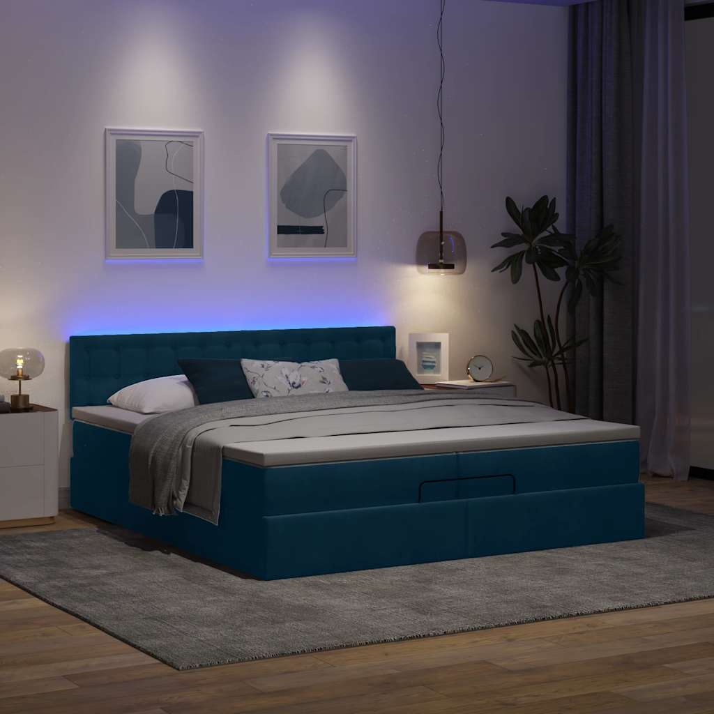 Cama otomana com colchões/leds 200x200 cm veludo azul-escuro