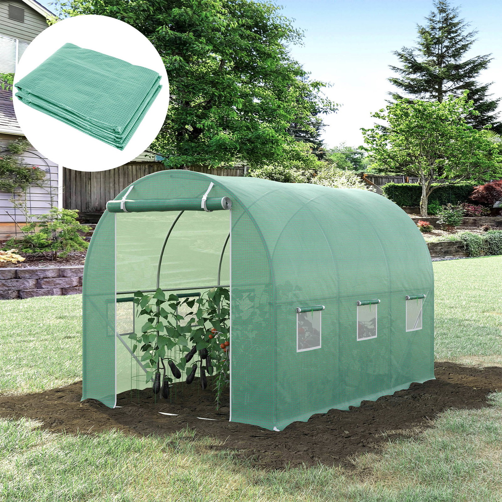 Cobertura de estufa com 6 janelas e porta para jardim anti-UV PE 300x200x200 cm verde