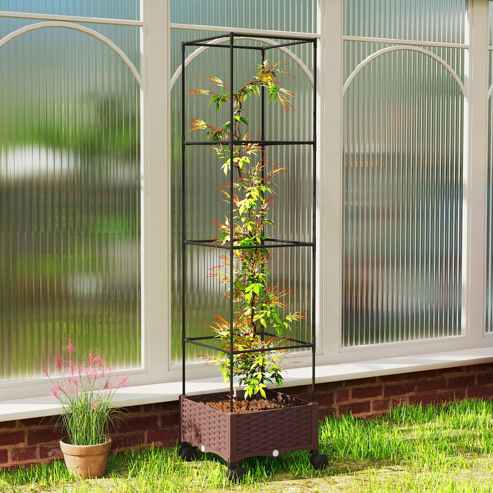 Floreira com treliça e rodas com drenagem para cultivo de vegetais flores e ervas aromáticas 40x40x165 cm castanho