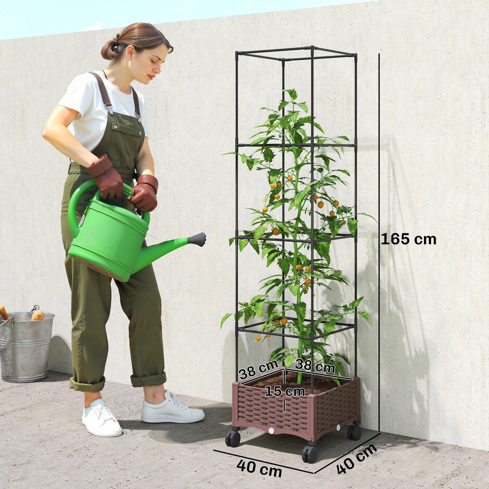 Floreira com treliça e rodas com drenagem para cultivo de vegetais flores e ervas aromáticas 40x40x165 cm castanho