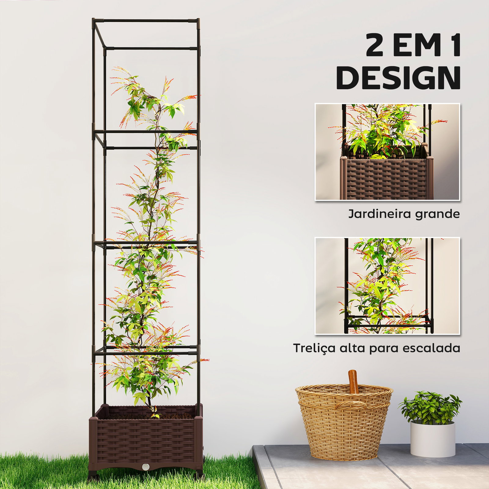 Floreira com treliça e rodas com drenagem para cultivo de vegetais flores e ervas aromáticas 40x40x165 cm castanho