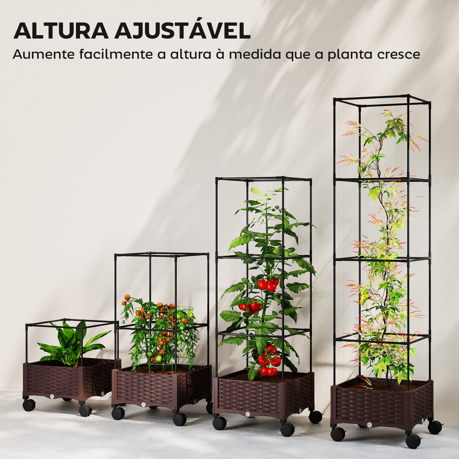 Floreira com treliça e rodas com drenagem para cultivo de vegetais flores e ervas aromáticas 40x40x165 cm castanho