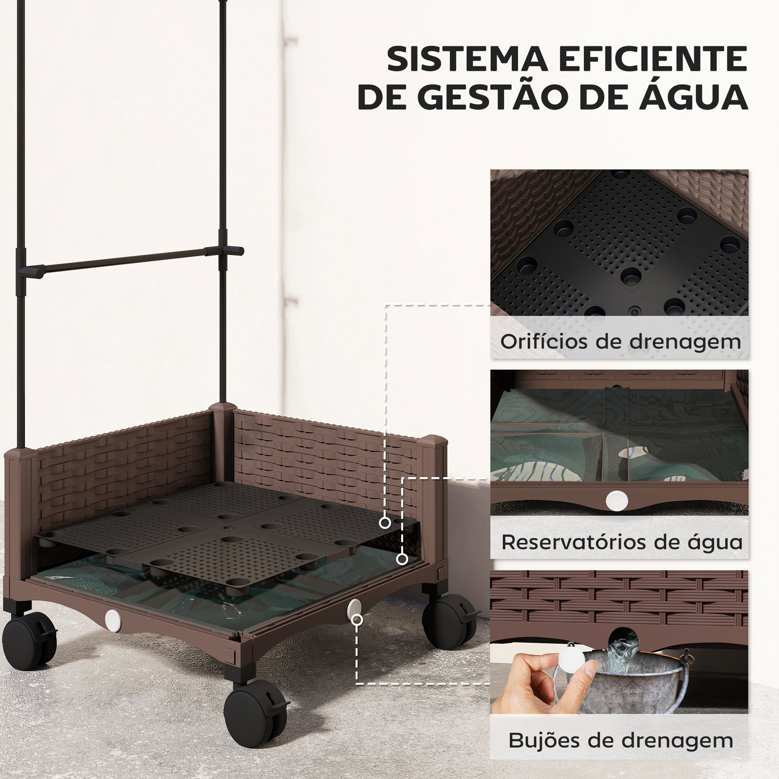 Floreira com treliça e rodas com drenagem para cultivo de vegetais flores e ervas aromáticas 40x40x165 cm castanho