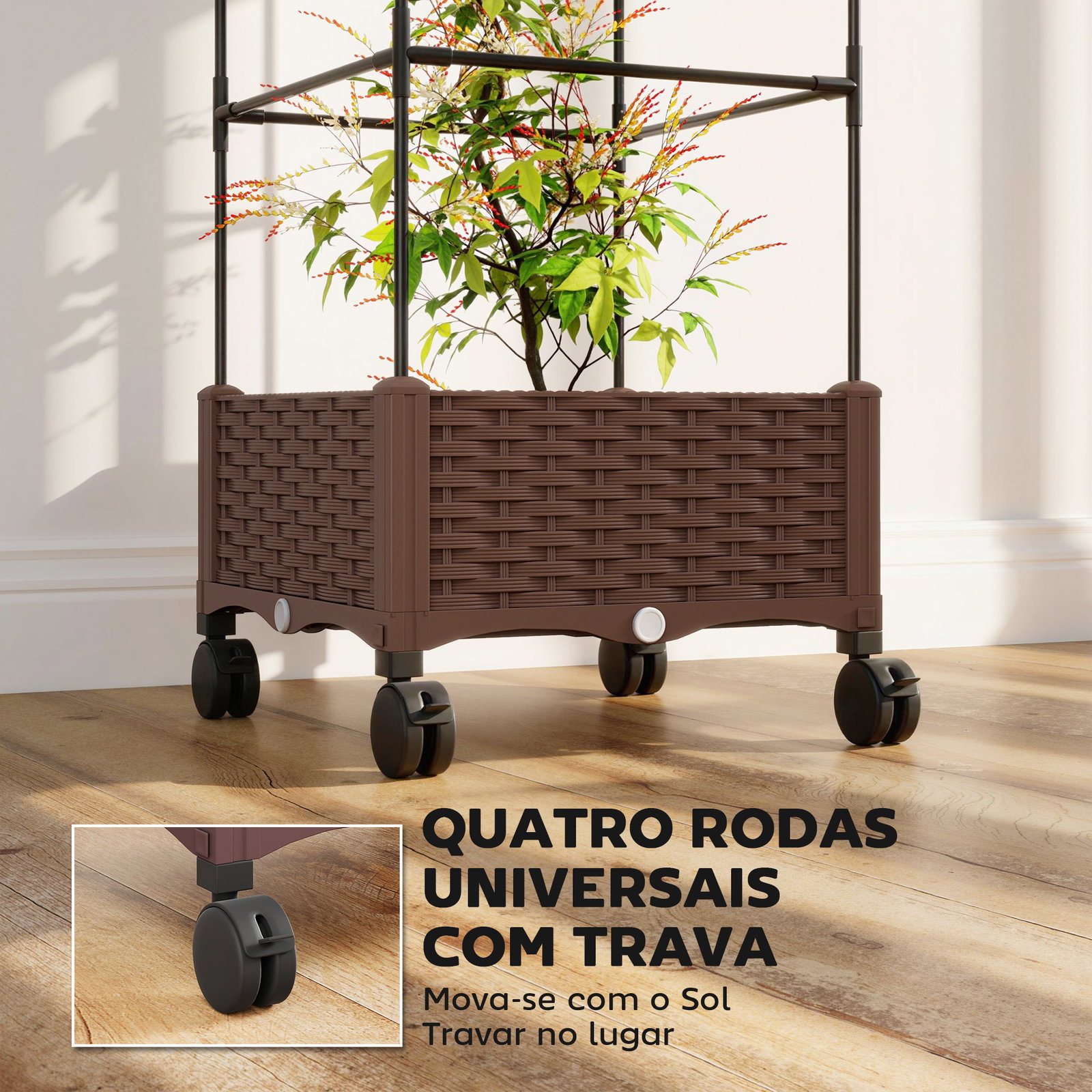 Floreira com treliça e rodas com drenagem para cultivo de vegetais flores e ervas aromáticas 40x40x165 cm castanho