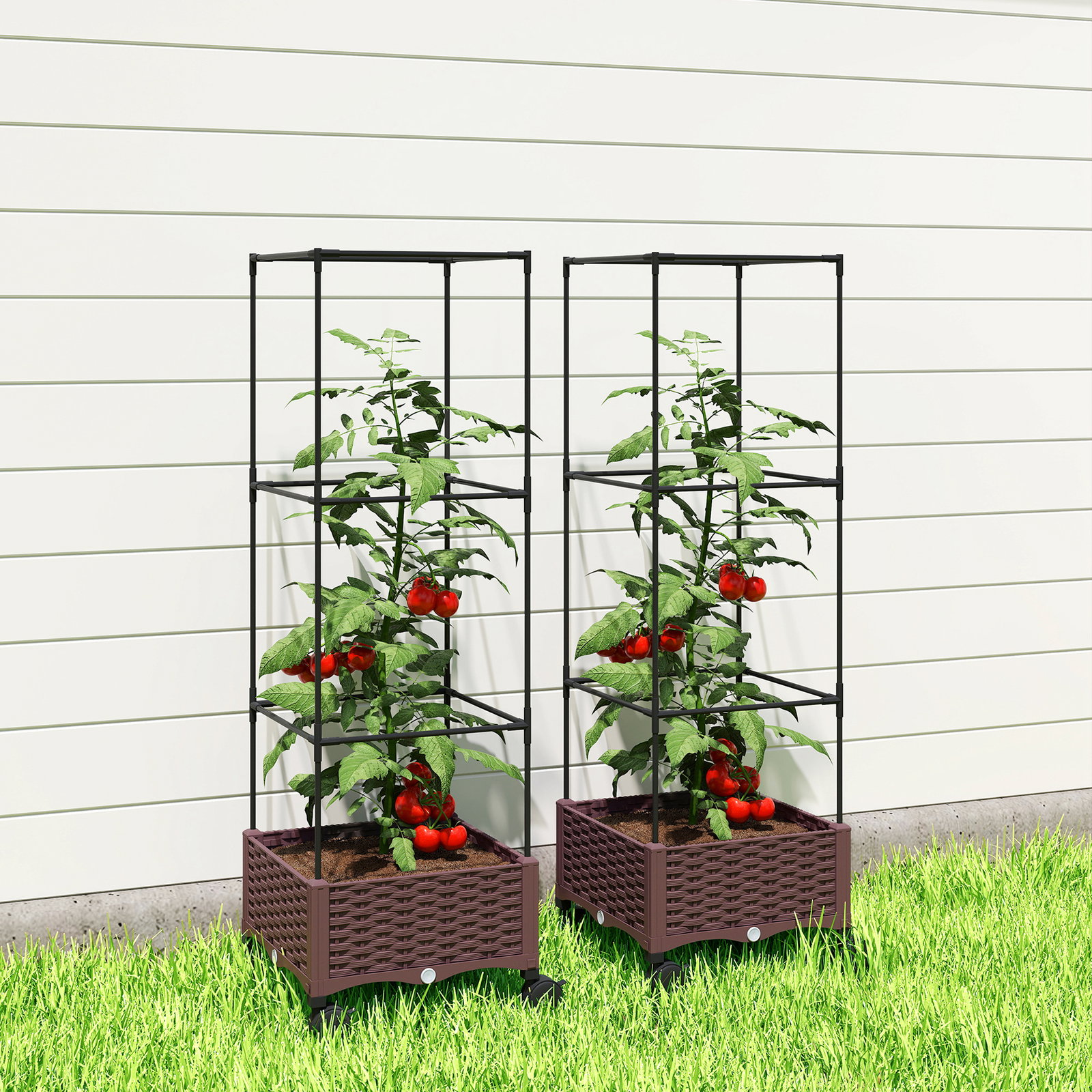 Floreira com treliça e rodas com drenagem para cultivo de vegetais flores e ervas aromáticas 40x40x165 cm castanho