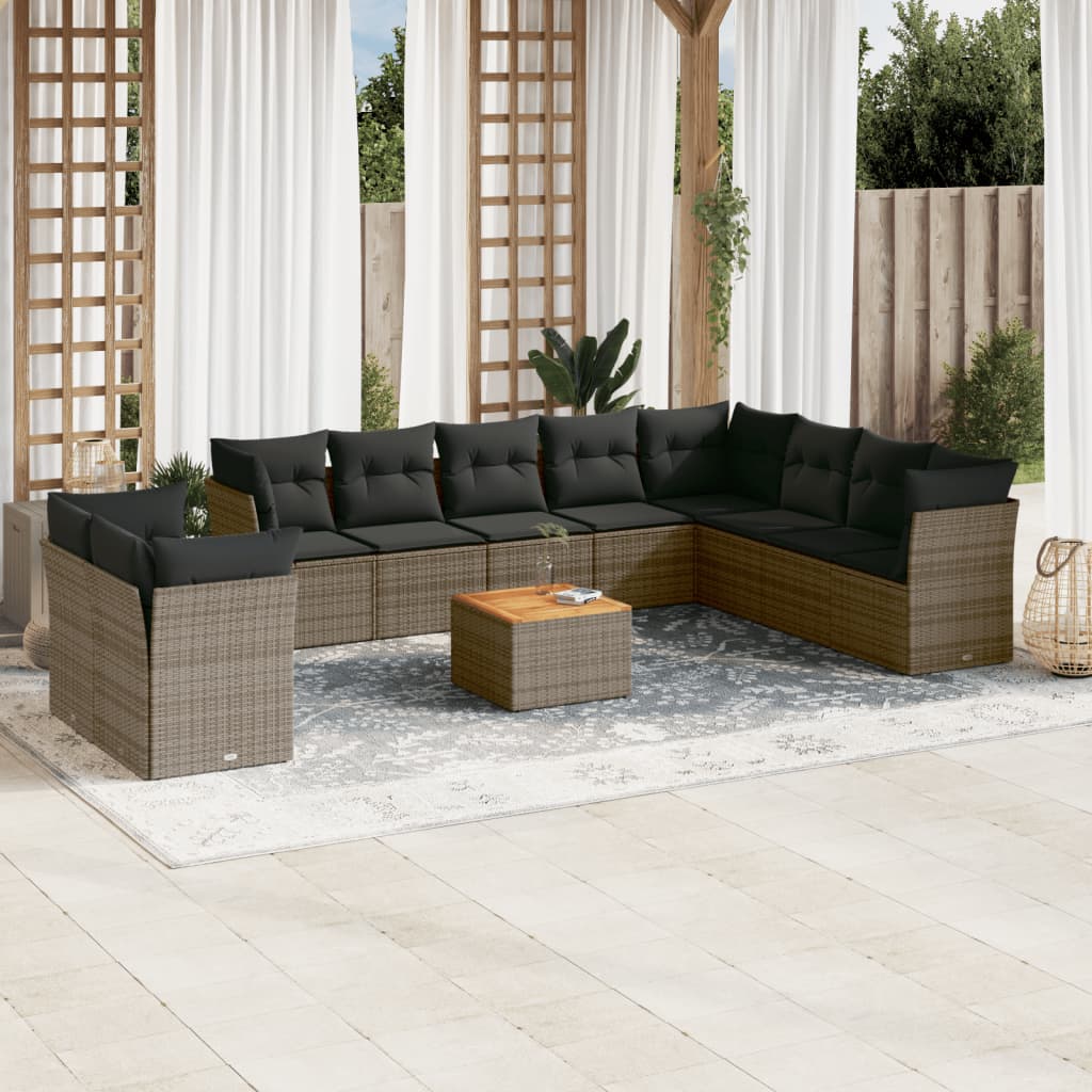 11 Pcs conjunto sofás de jardim c/ almofadões vime PE cinzento