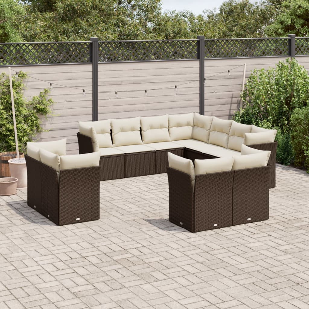11 Pcs conjunto sofás de jardim c/ almofadões vime PE castanho