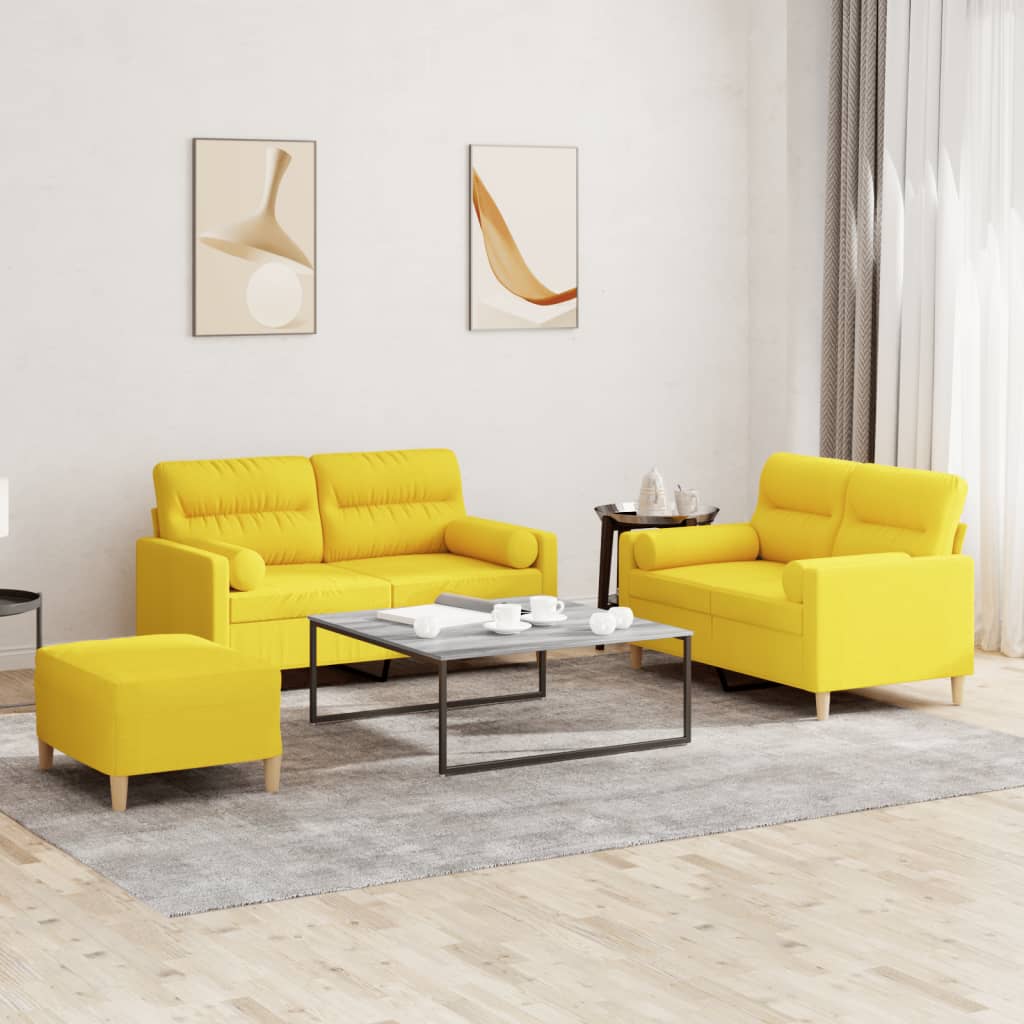 3 Pcs conjunto de sofás com almofadas tecido amarelo-claro