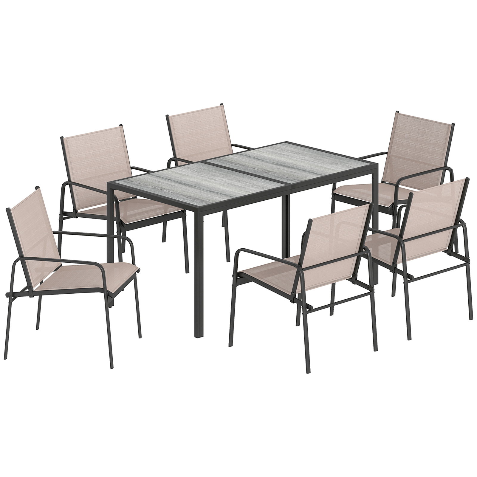 Conjunto de mesa e cadeiras de jardim de 7 peças com mesa com efeito madeira e 6 cadeiras com assento respirável caqui