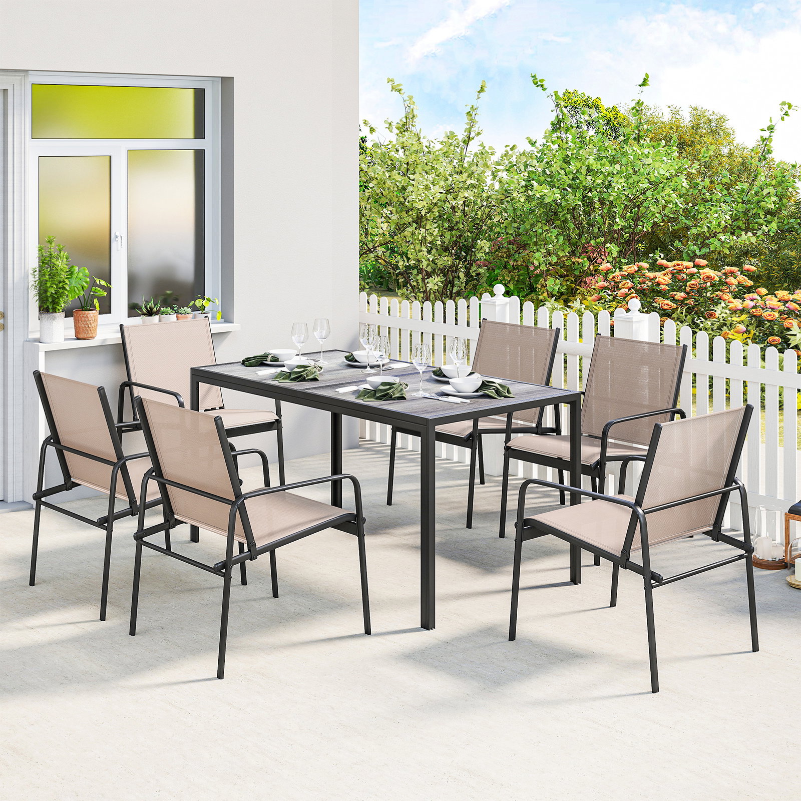 Conjunto de mesa e cadeiras de jardim de 7 peças com mesa com efeito madeira e 6 cadeiras com assento respirável caqui