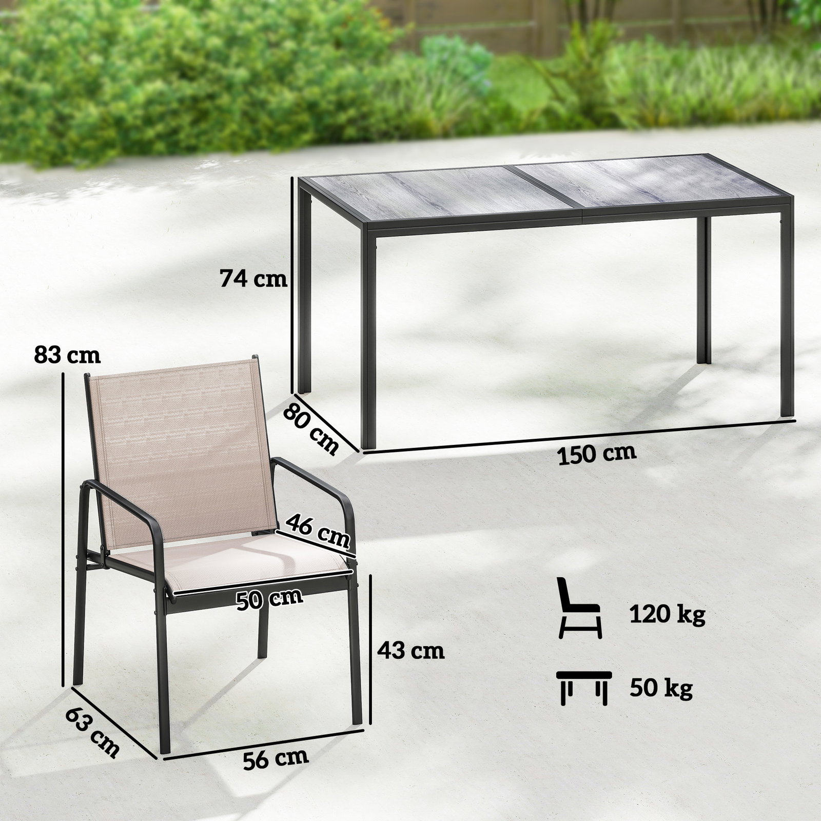 Conjunto de mesa e cadeiras de jardim de 7 peças com mesa com efeito madeira e 6 cadeiras com assento respirável caqui