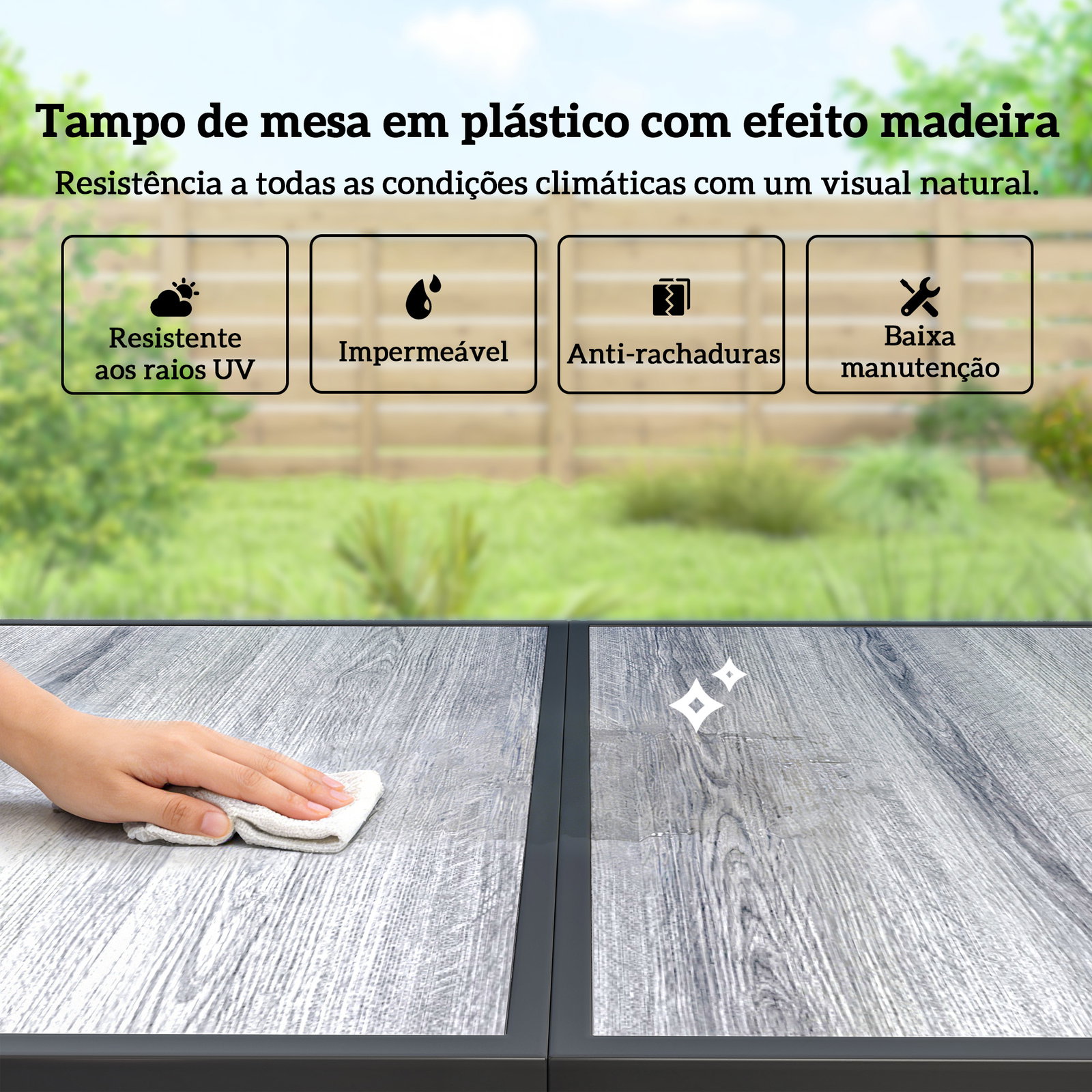 Conjunto de mesa e cadeiras de jardim de 7 peças com mesa com efeito madeira e 6 cadeiras com assento respirável caqui