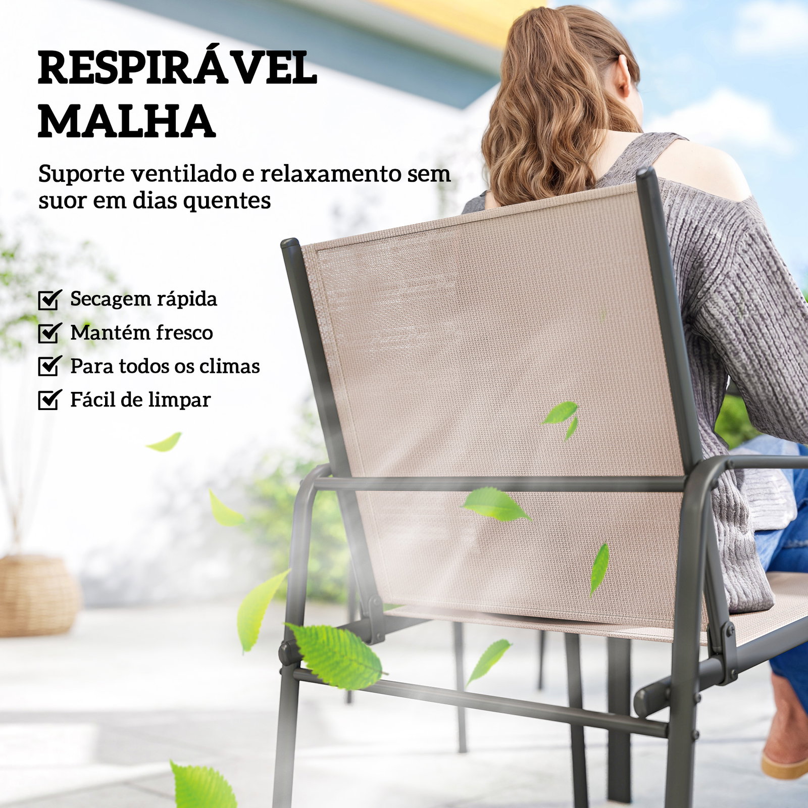 Conjunto de mesa e cadeiras de jardim de 7 peças com mesa com efeito madeira e 6 cadeiras com assento respirável caqui