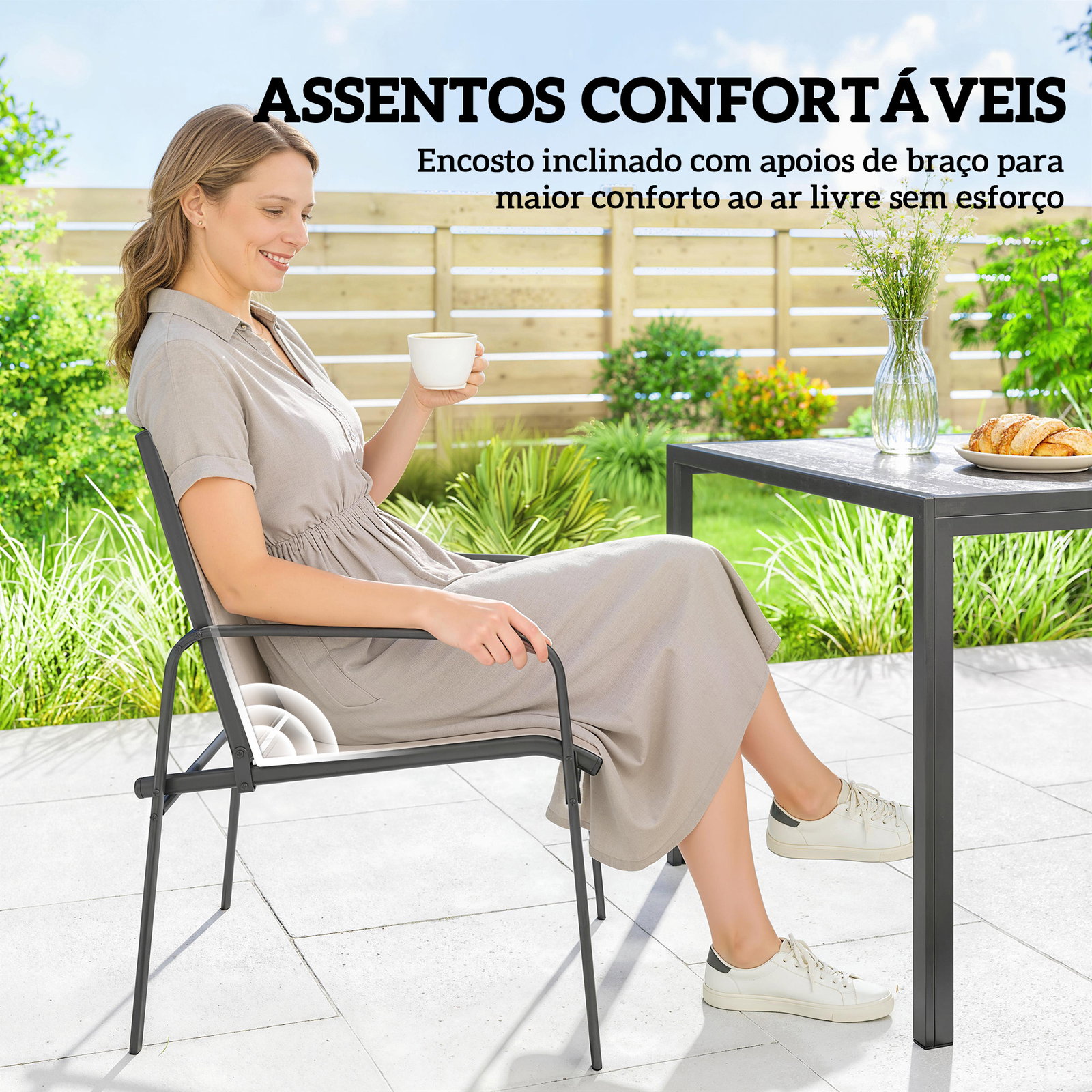 Conjunto de mesa e cadeiras de jardim de 7 peças com mesa com efeito madeira e 6 cadeiras com assento respirável caqui