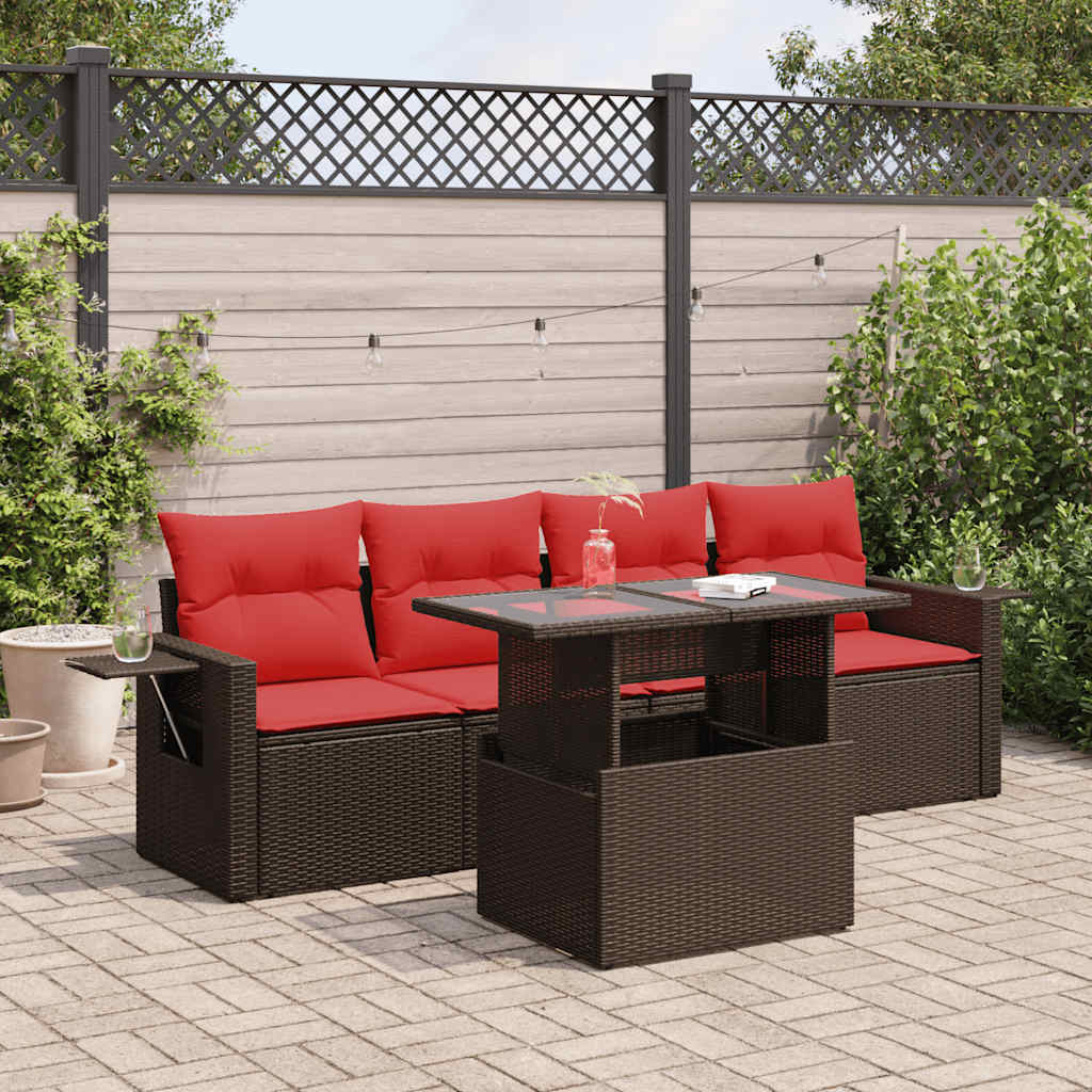 5 Pcs conjunto sofás de jardim c/ almofadões acácia e vime PE