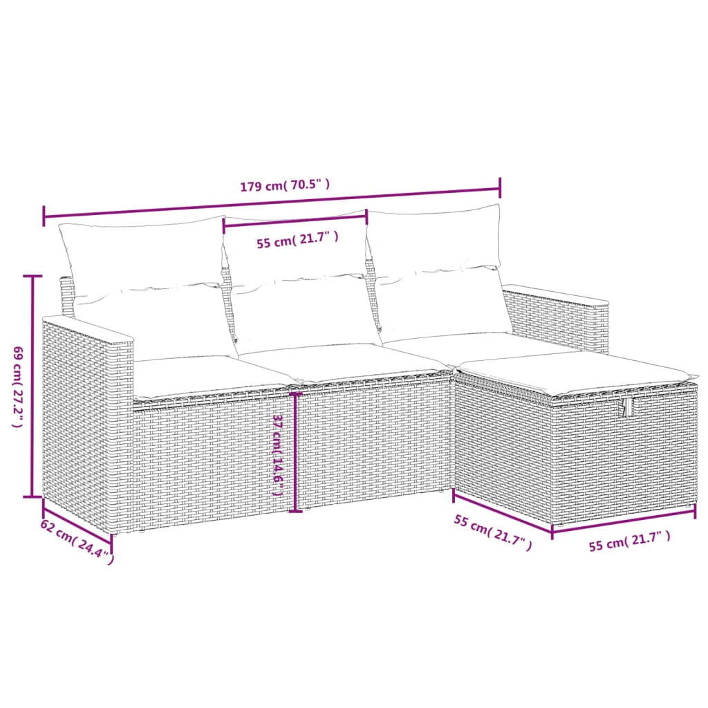 4 Pcs conjunto de sofás para jardim c/ almofadões vime PE bege