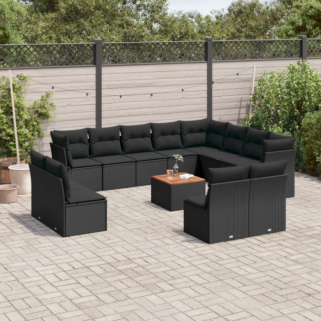 13 Pcs conjunto de sofás de jardim com almofadões vime PE preto