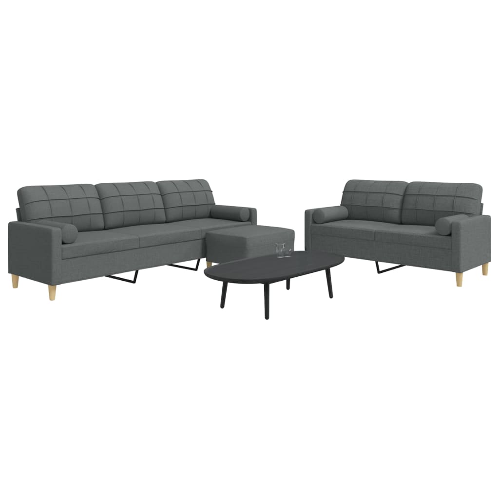 3Pcs conjunto sofás c/ almofadões/apoio pés tecido cinza-escuro