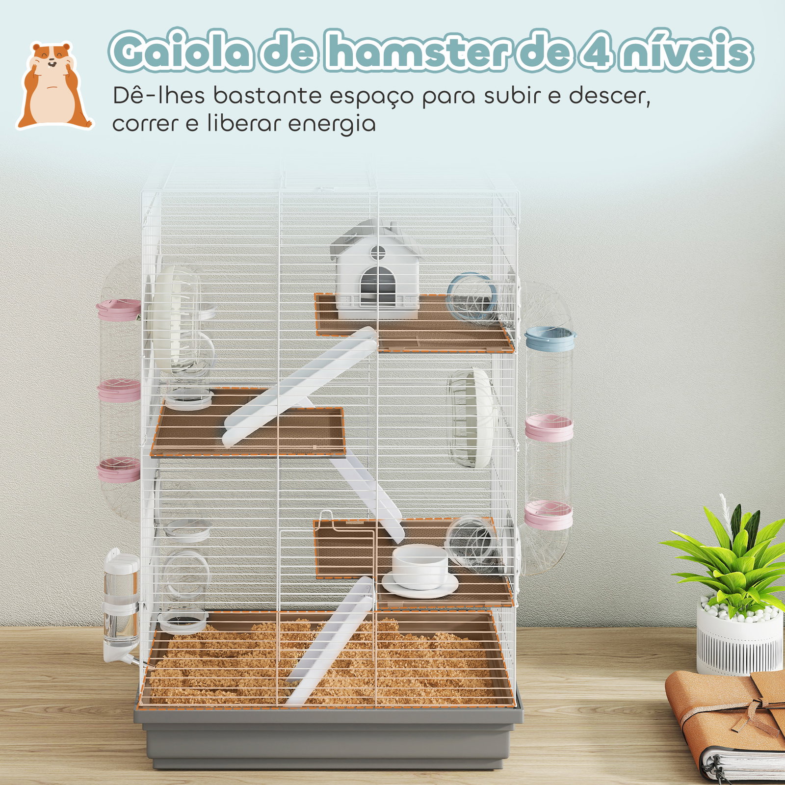 Gaiola para hámster 47x30x70 cm gaiola para roedores com túnel plataformas tigela bebedouro casinha rampas e roda cinzen