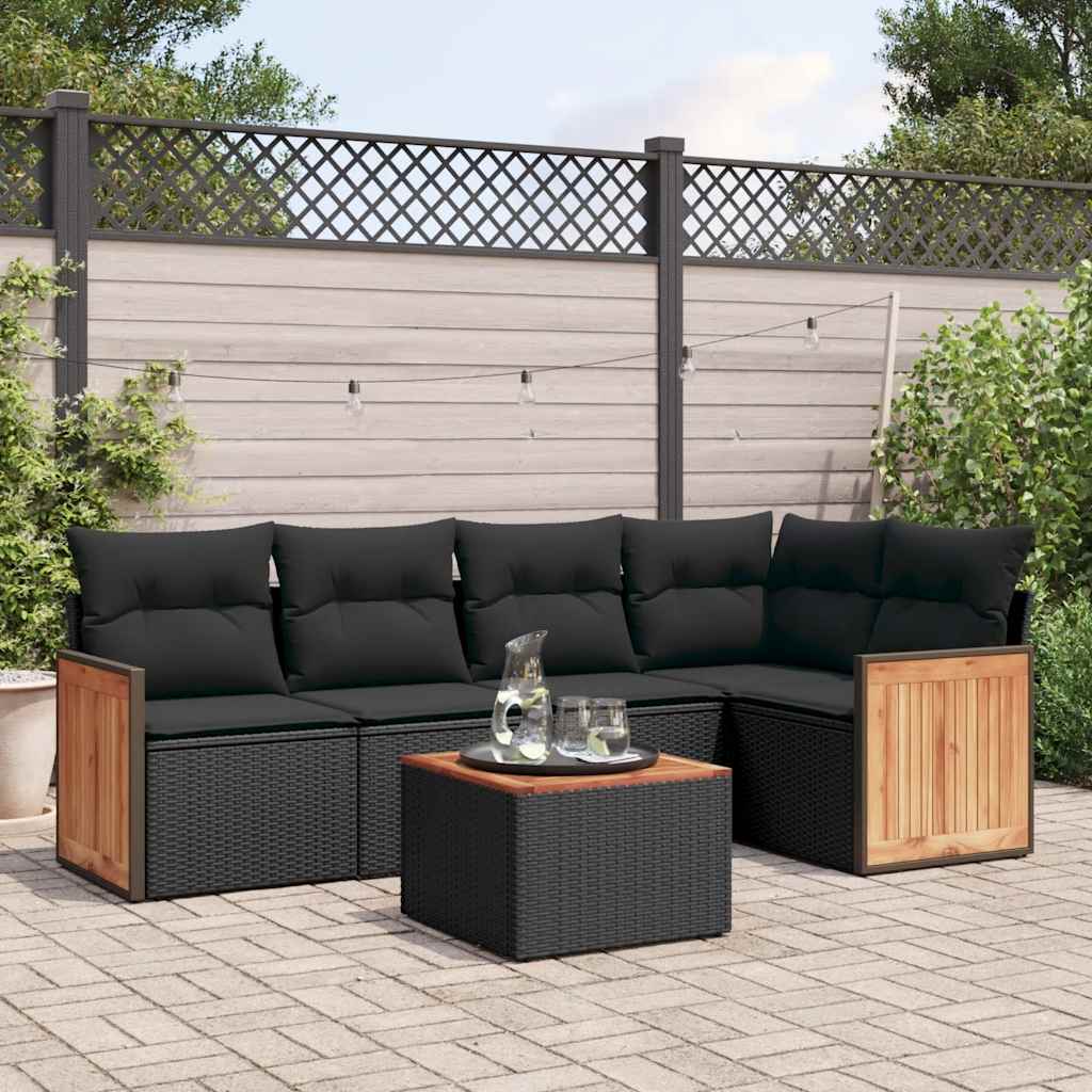 6 Pcs conjunto sofás de jardim c/ almofadões vime PE preto